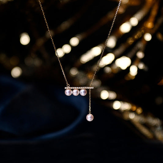 Balanced Falling Sound Vacuum Gold Zircon Pearl Balance Beam Clavicle Chain